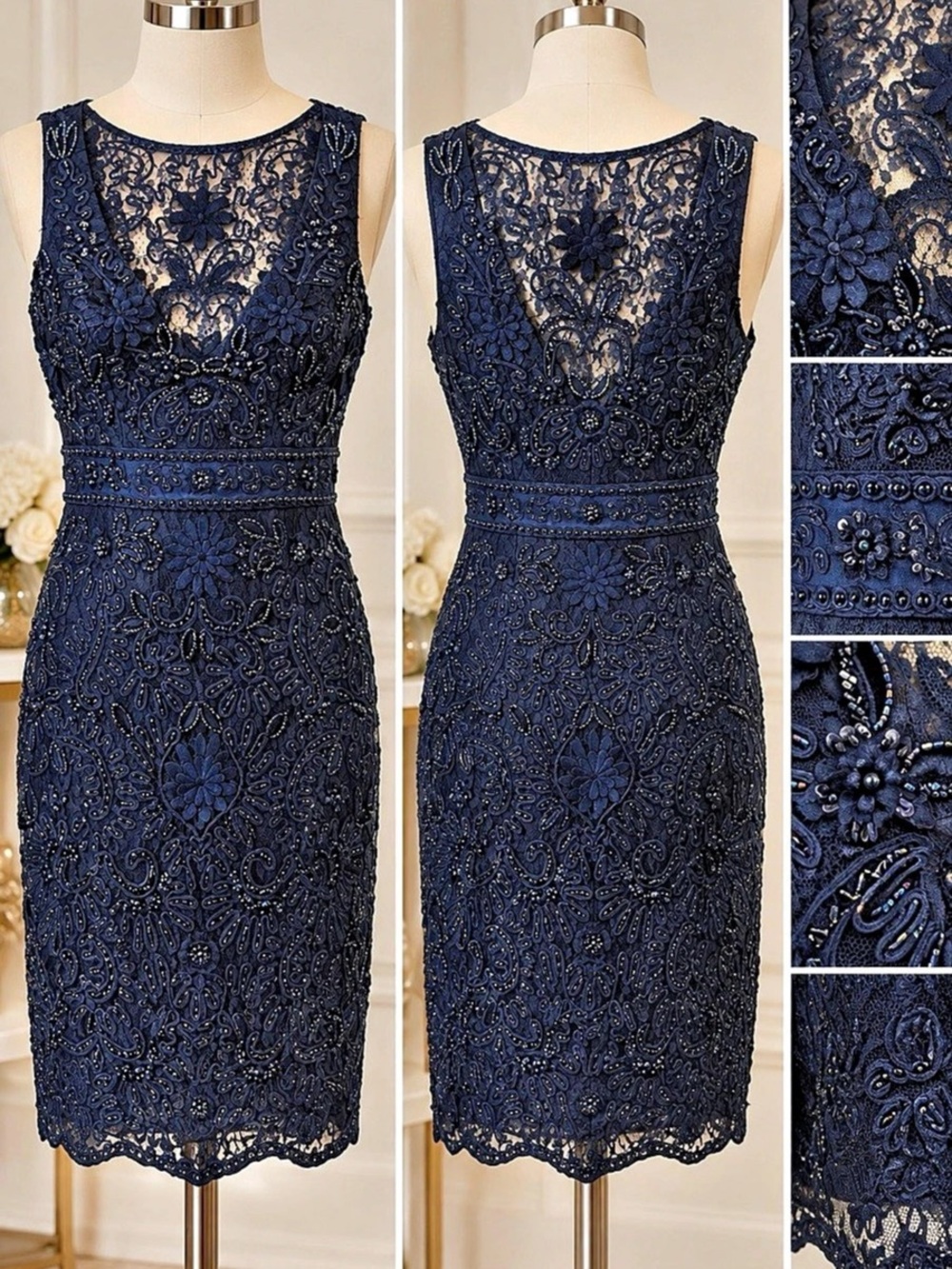 SUE WONG Beaded Lace Midi Dress in Blue Size 4 NWT